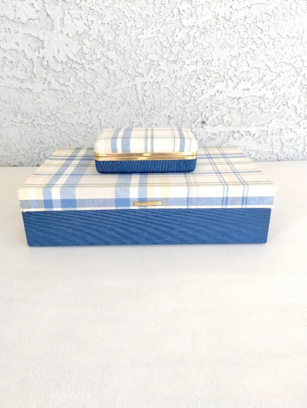 Vtg MCM 1970s Plaid Jewelry Box Set - Travel Vanity Trunk & Clamshell Case